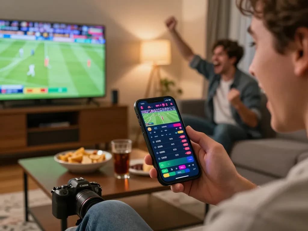Person engaging in kèo nhà cái betting on mobile app during live sports, displaying excitement.