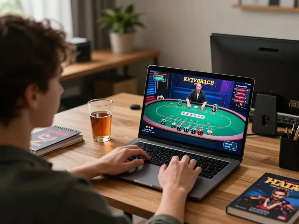 Engaging in online blackjack at https://tx88.bid/ with live dealer on laptop, cozy home setting enhances relaxation