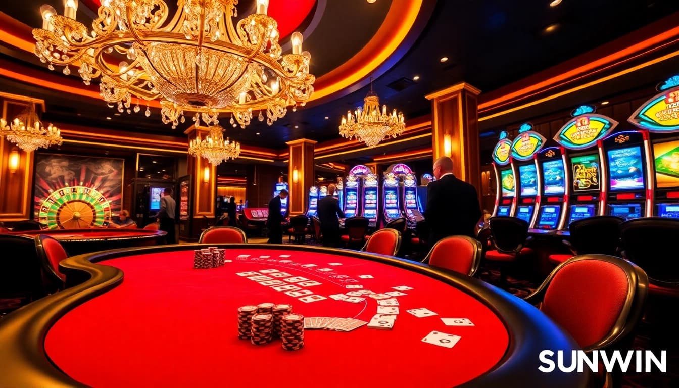 SUNWIN brings excitement to the poker table with colorful chips and cards in a vibrant casino.