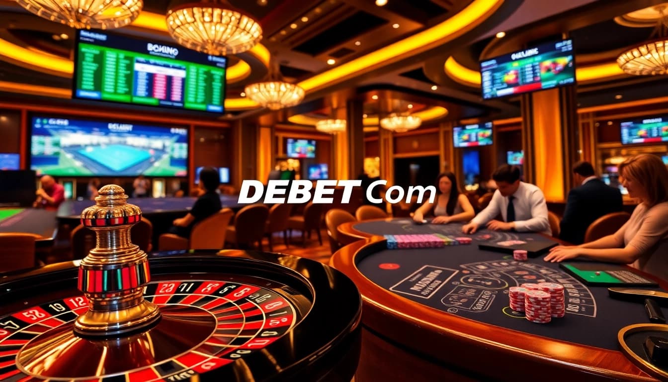 Experience thrilling action at DEBET Com casino with roulette, poker chips, and vibrant betting excitement.