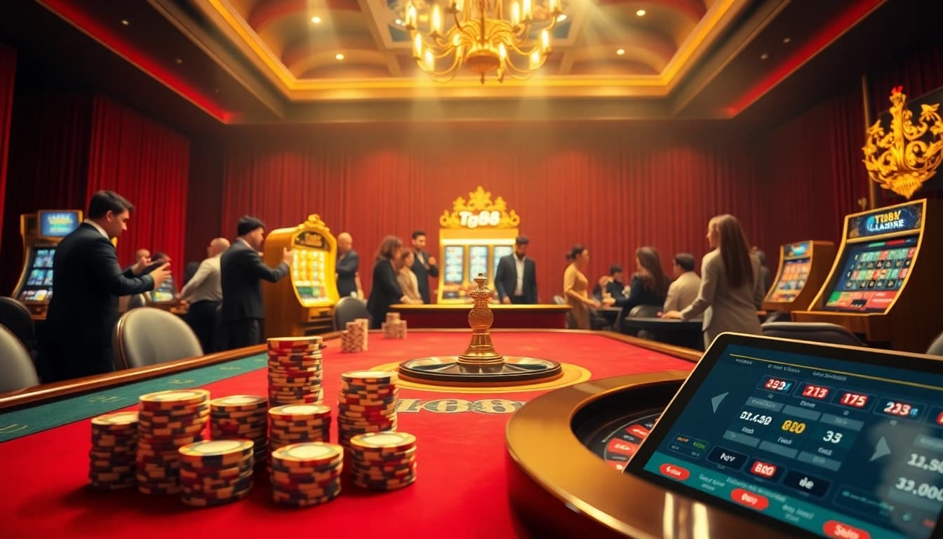 Players enjoying a thrilling game at tg88 casino, featuring poker chips and slot machines.