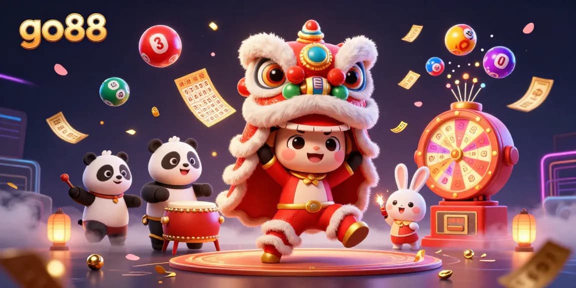 Experience the vibrant gamification of go88 with dynamic lottery elements and festive characters in a lively casino scene.