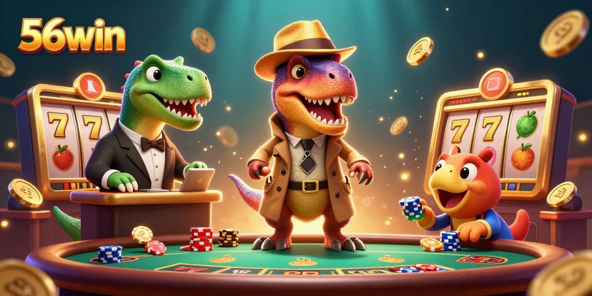 Experience thrilling action at the 56win slots with a velociraptor counting cards amidst slot reels.
