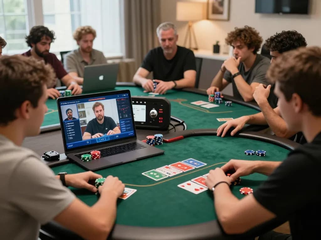 Engaged players strategizing on online poker at https://99win.actor/ in a modern home office setting