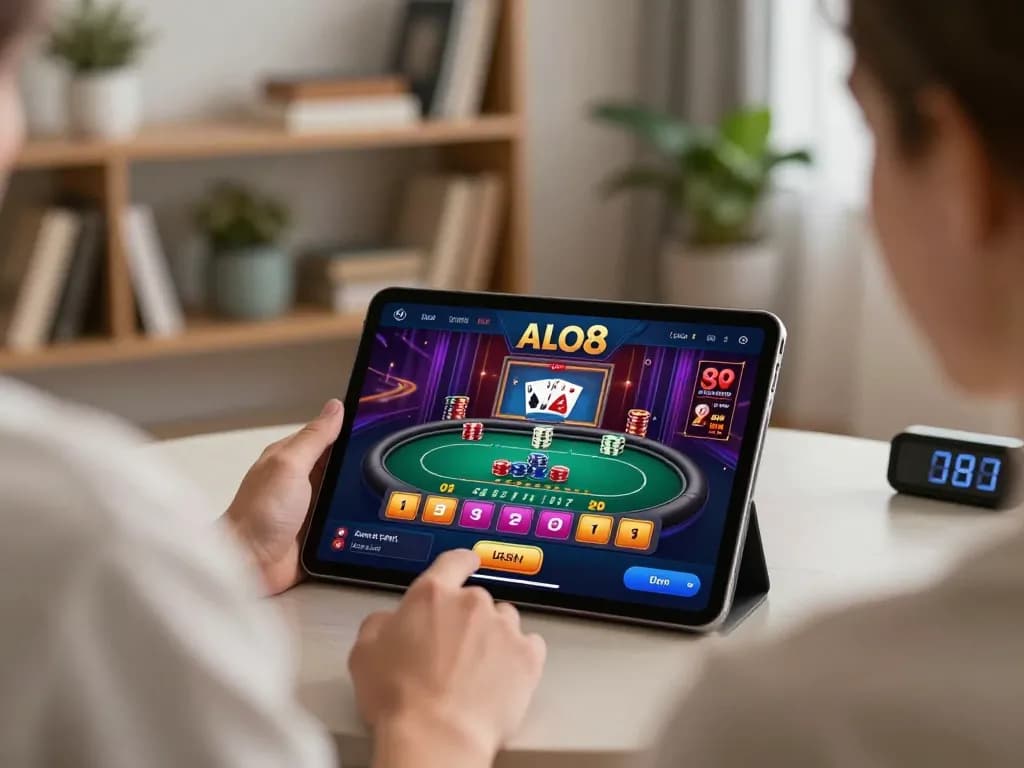 Player engaged in online ALO8 casino game on tablet in cozy home setting