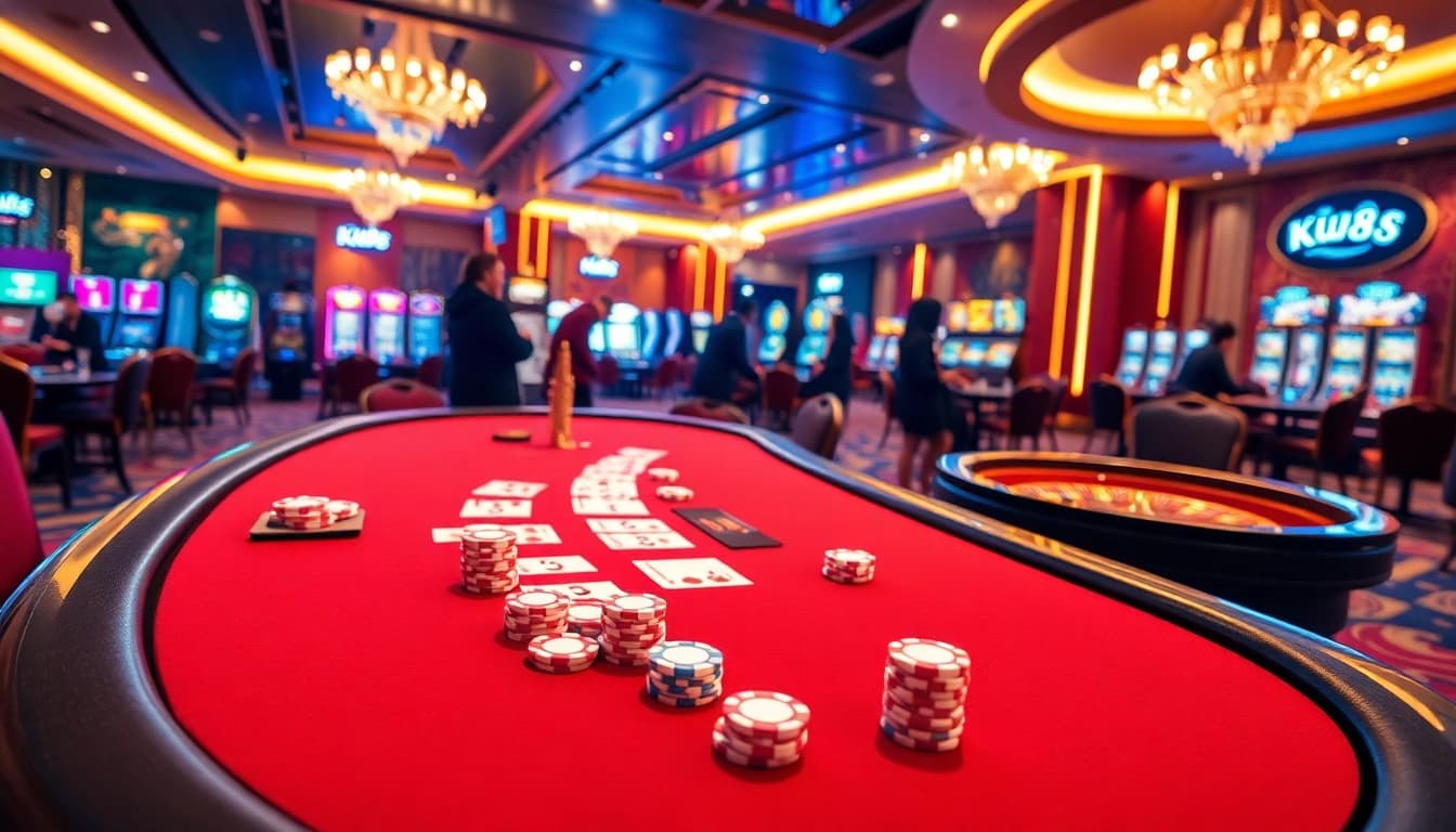 Experience the lively atmosphere of the Ku88 casino with engaging gaming tables and vibrant slot machines.