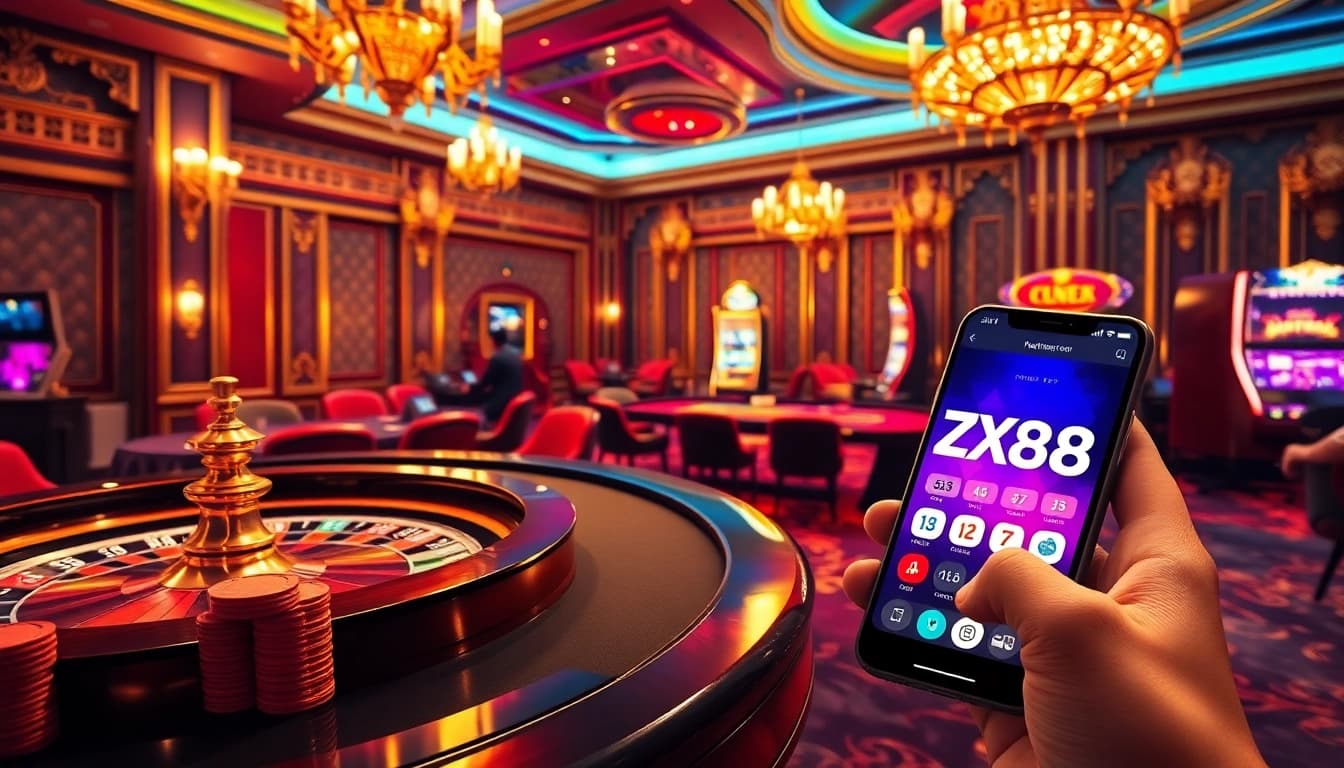 Thrilling casino experience at https://zx88.buzz/ with vibrant roulette and poker tables in action.