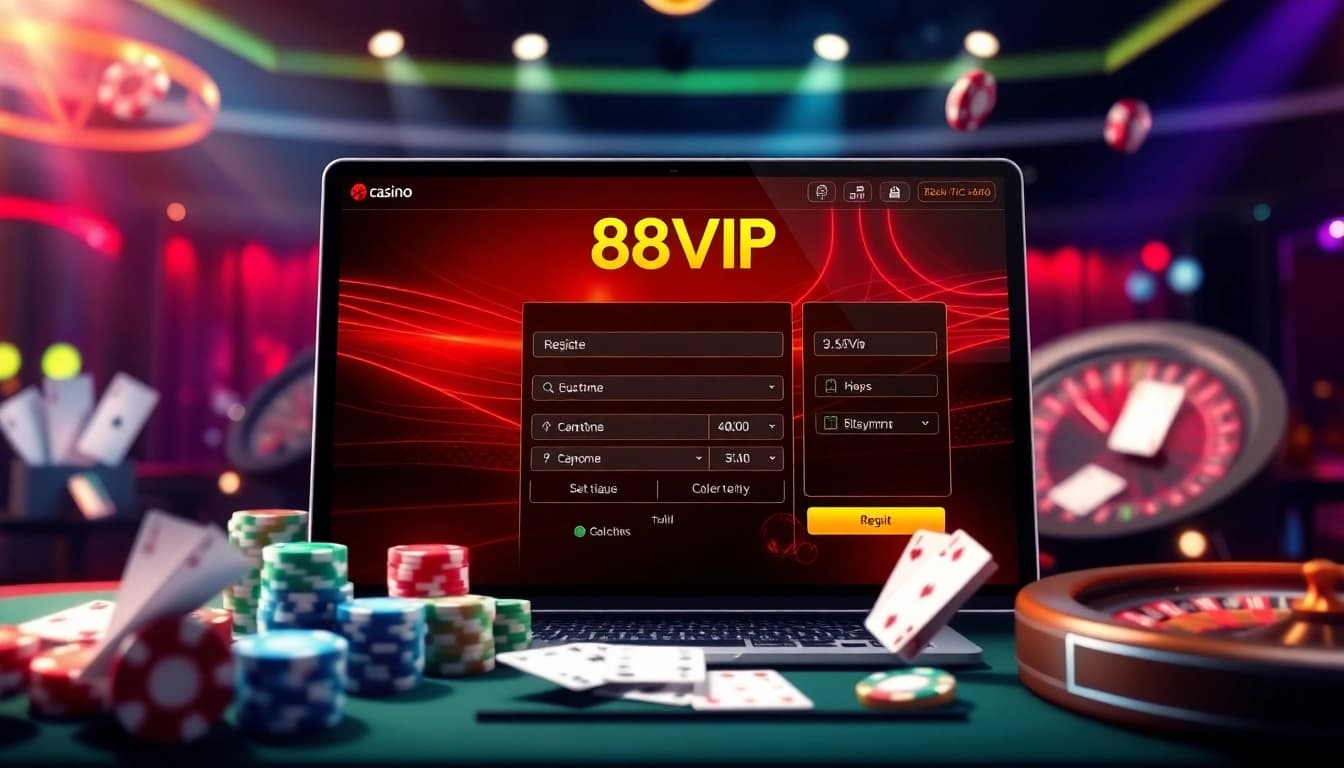 Registering on Đăng Ký Nhà Cái 68VIP with vibrant casino elements and an online interface.