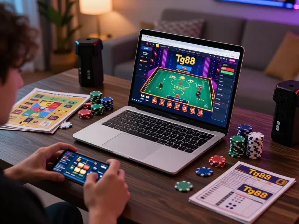 Tg88 online gaming setup with laptop displaying live dealer game and poker chips on desk.