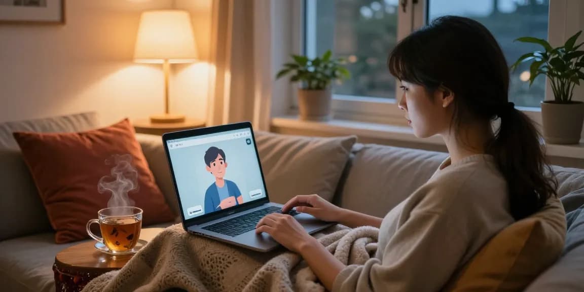 Engaging in an ai sex chat on a cozy laptop setup with an animated character.