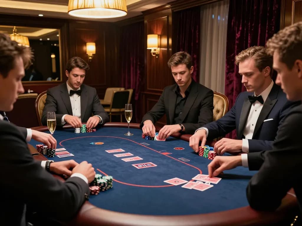 Alo8 players engaging in a high-stakes poker game in an upscale casino VIP room.