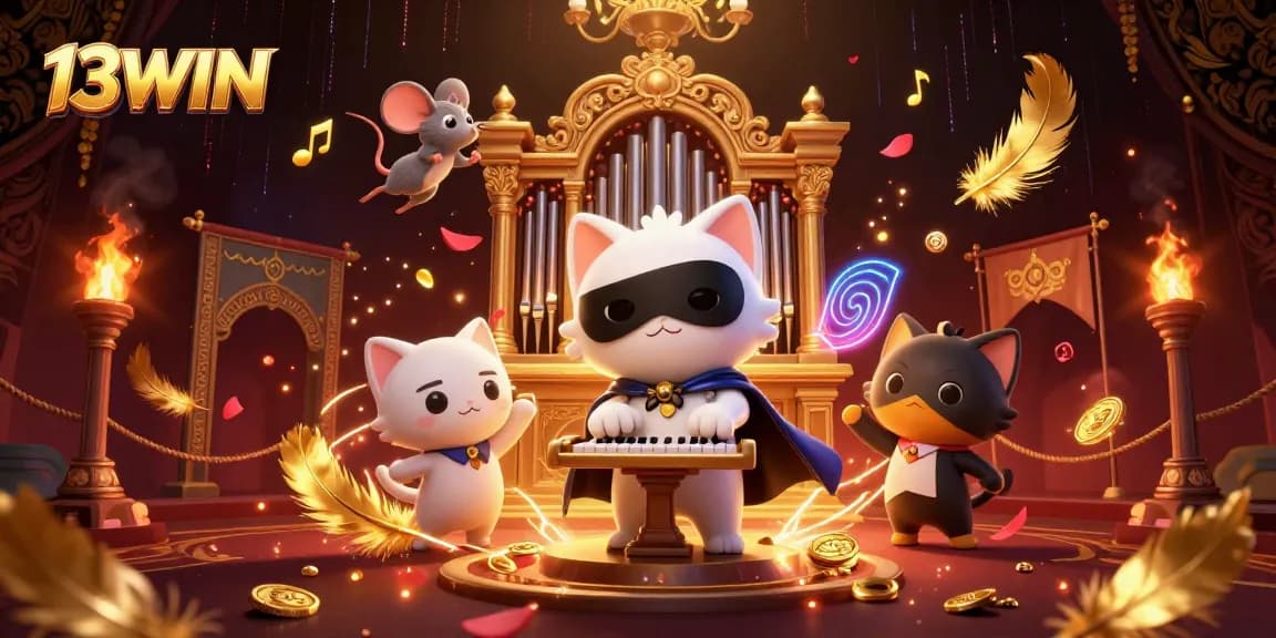 Experience thrilling gameplay with 13WIN as a whimsical cat and mouse perform in a lavish casino setting.