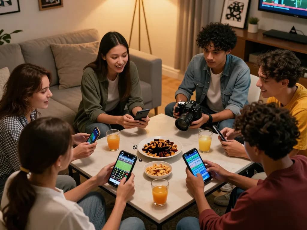 Friends engaging in live sports betting analysis with keonhacai apps on their phones, snacks, and excitement filling the cozy room.