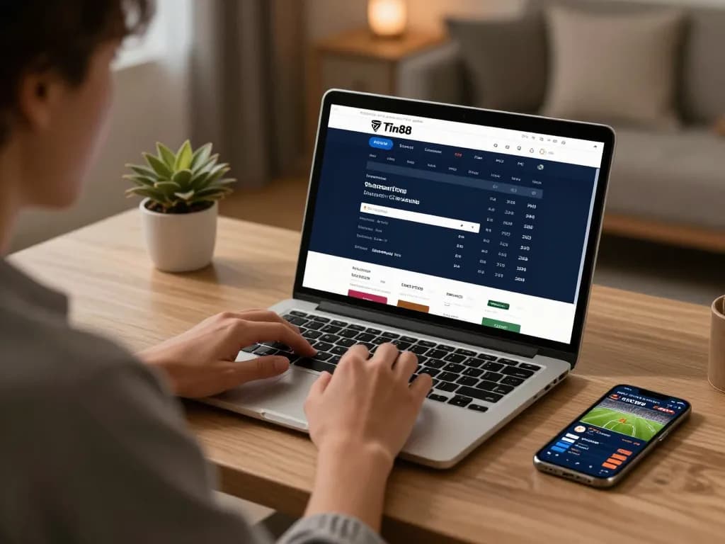 Tin88 user placing strategic bets in an immersive online sports betting environment with a laptop and smartphone.