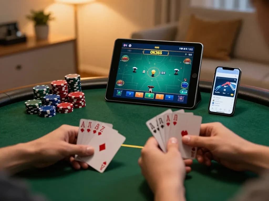 Player enjoying online poker on OK365 app, showcasing strategic gameplay in a cozy home setting.