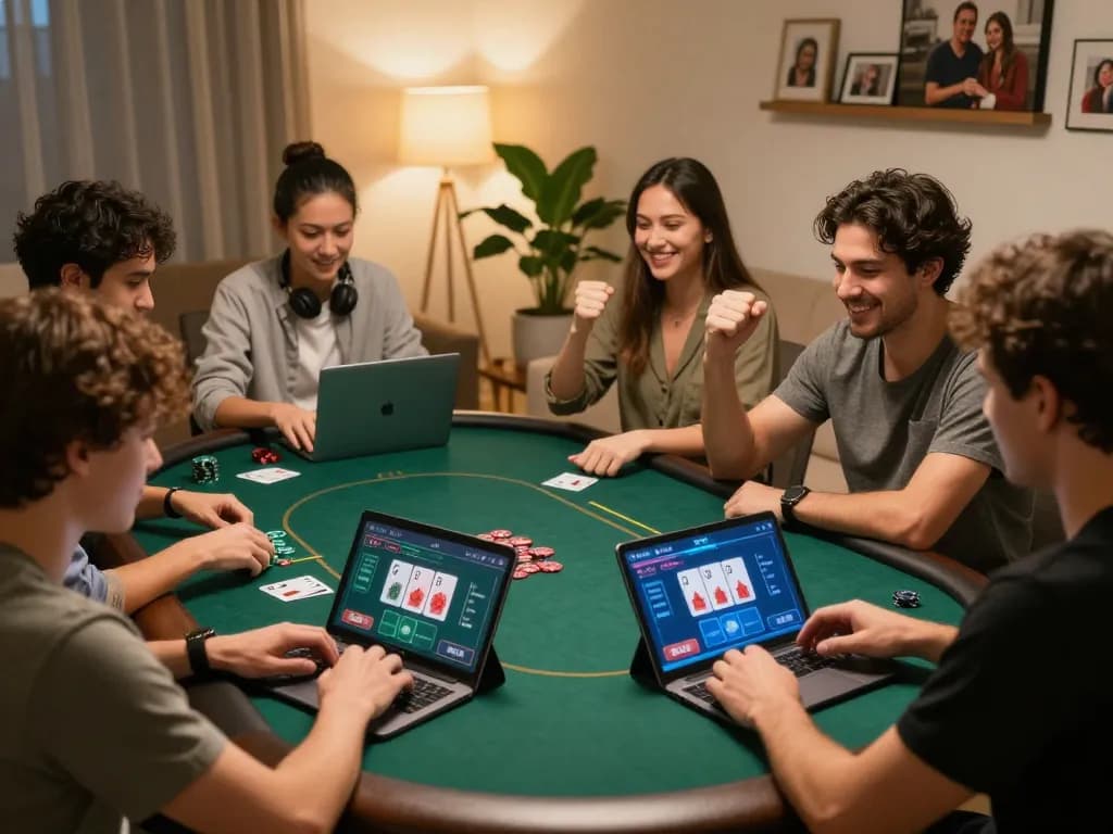 Kkwin players enjoying an engaging online poker game, showcasing strategic gameplay in a cozy home environment