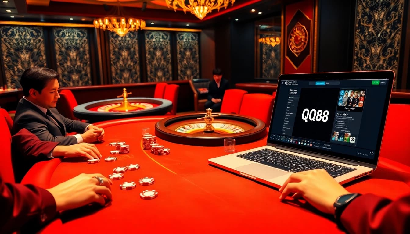 Players enjoying a thrilling blackjack game at a QQ88 casino table, blending luxury and excitement.