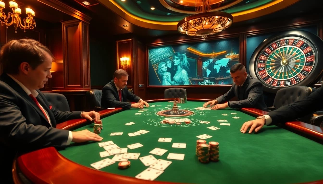 This scene at https://kjcgaming.com/ showcases an exciting high-stakes poker game with vibrant chips and cards.