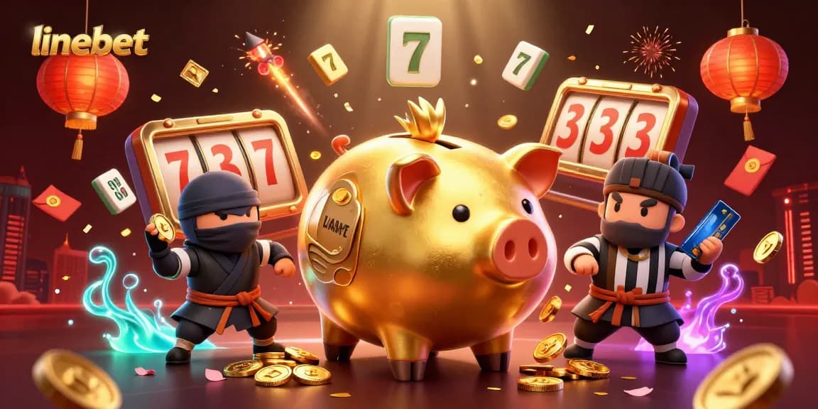 Experience the thrill of linebet as a golden piggy bank sumo wrestler shakes golden coins with slot reels and festive decor.
