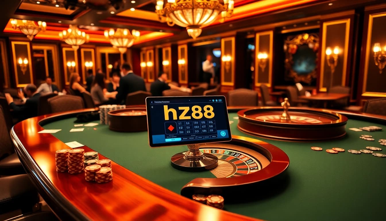 Experience thrilling gameplay at hz88's luxurious casino tables with vibrant chips and professional atmosphere.