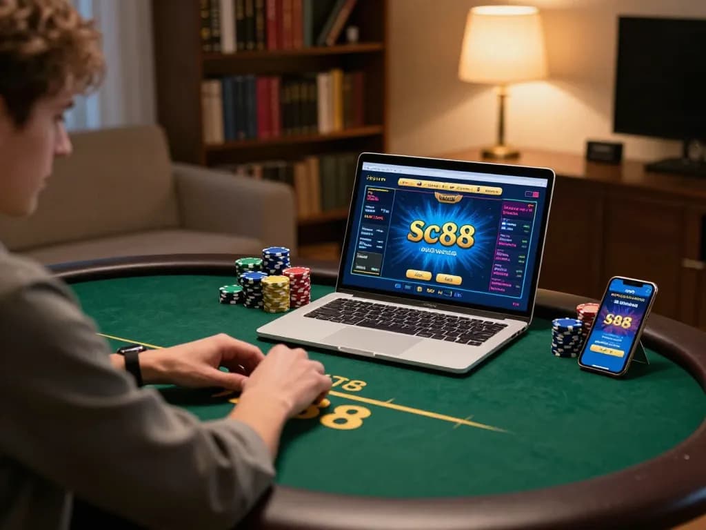 Player engaged in sc88 poker game on laptop with chips and smartphone in cozy atmosphere