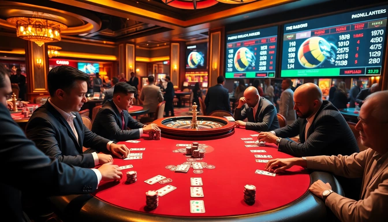 Experience the thrill of high-stakes poker at vaoluoitv's luxurious casino, featuring vibrant tables and strategic gameplay.