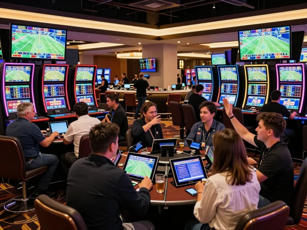 Ricbet sports bettors engaging in live wagering excitement at a busy casino