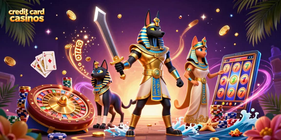 Exciting gaming action at credit card casinos featuring Anubis and Bastet amidst golden coins and roulette wheel.