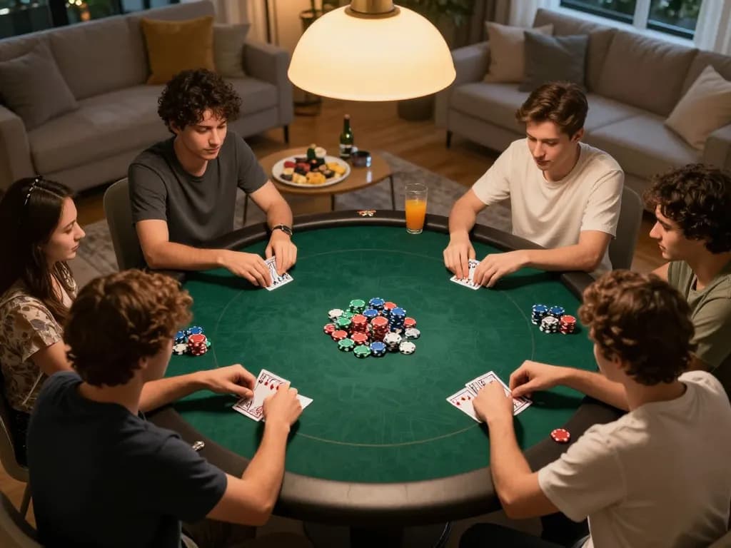 Engaging in an online poker game at home with friends, showcasing lc88 tactical gameplay.