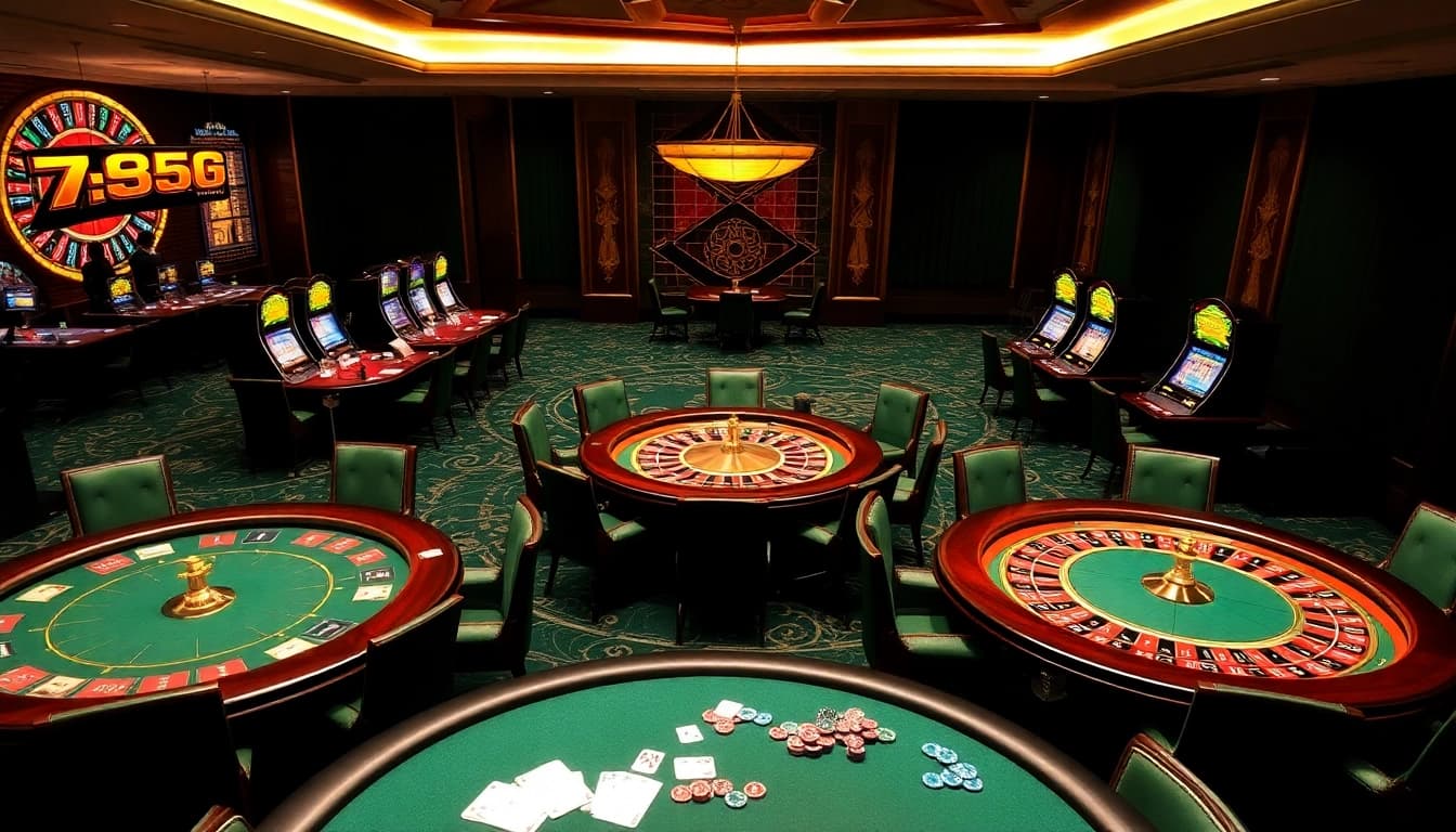 Players enjoying games at the prestigious online casino https://789f.fan/, featuring vibrant poker tables and roulette wheels.