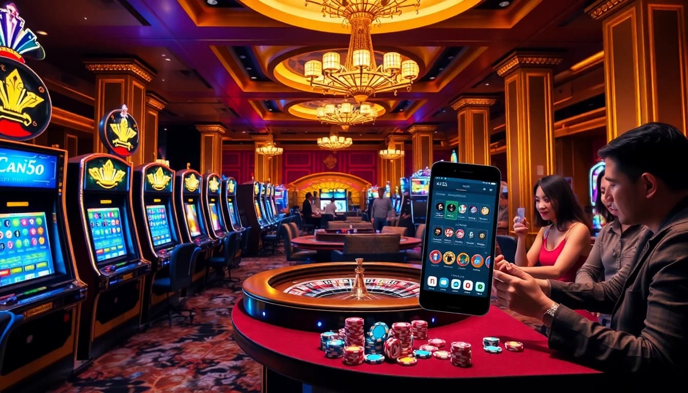 Players enjoying exciting games at KK55 casino with vibrant slot machines and poker tables.