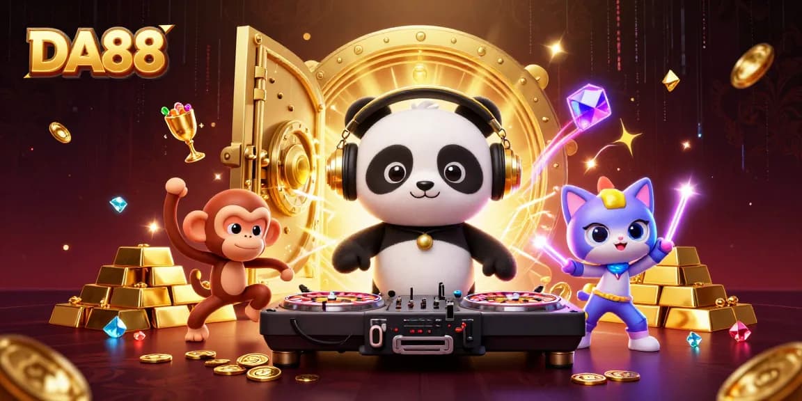 DA88 showcases an exciting casino scene with lively characters and opulent treasures.
