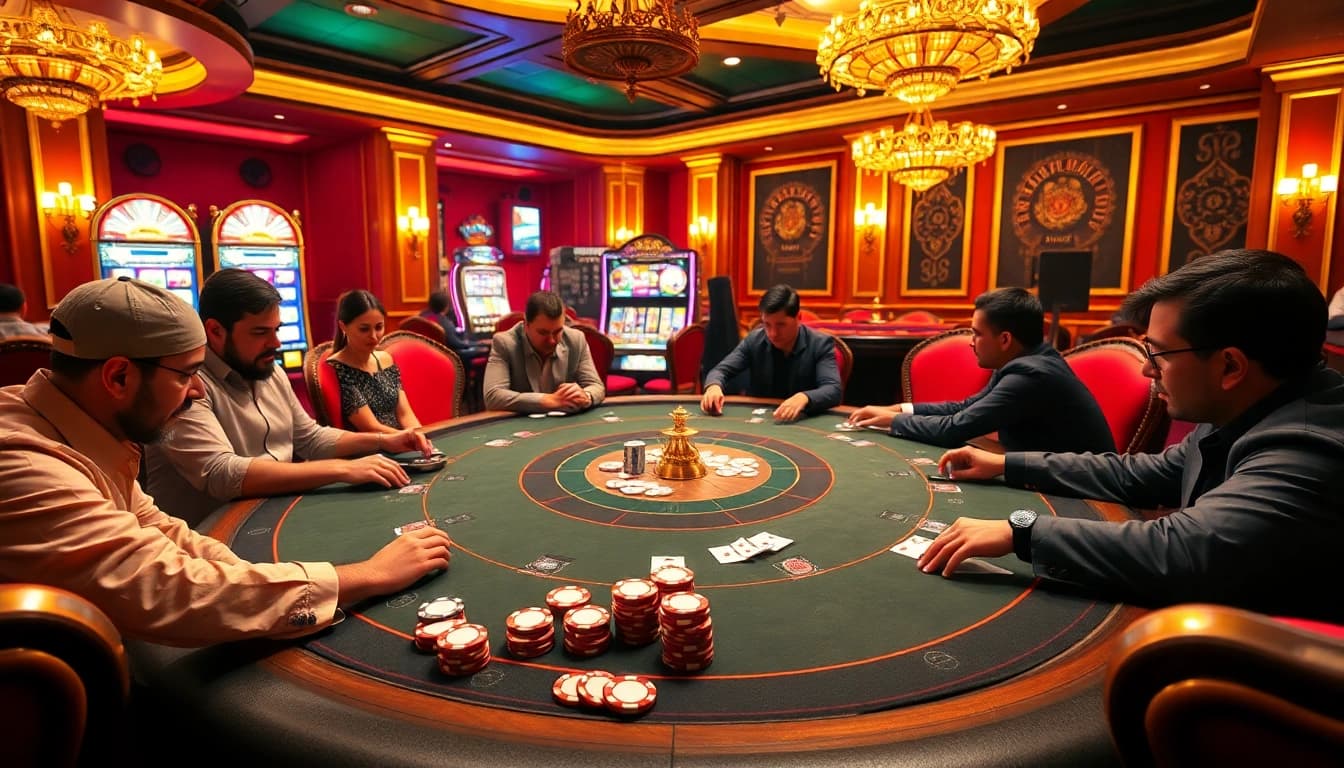 Experience thrilling gameplay at http://678vip.xyz/ with professional gamblers at a luxurious poker table.