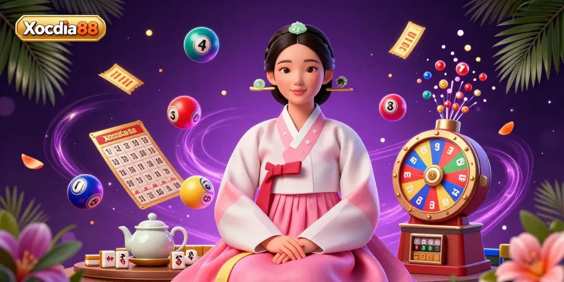 Xocdia88 brings the excitement of dynamic gambling, featuring an elegant Asian woman among vibrant game elements and magical atmosphere.
