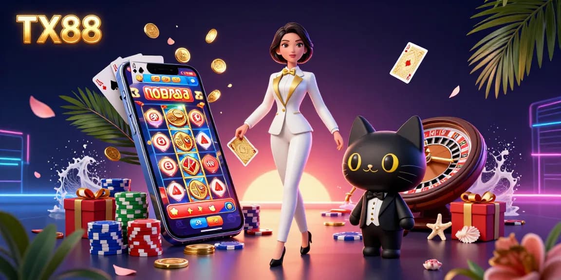 Experience winning action with the TX88 scene featuring a glamorous dealer and festive gaming elements