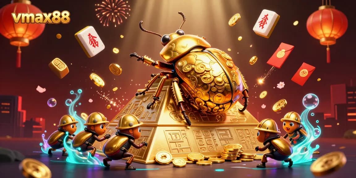 Bet on vibrant casino adventures with vmax88 featuring golden dung beetles amidst dynamic game elements.