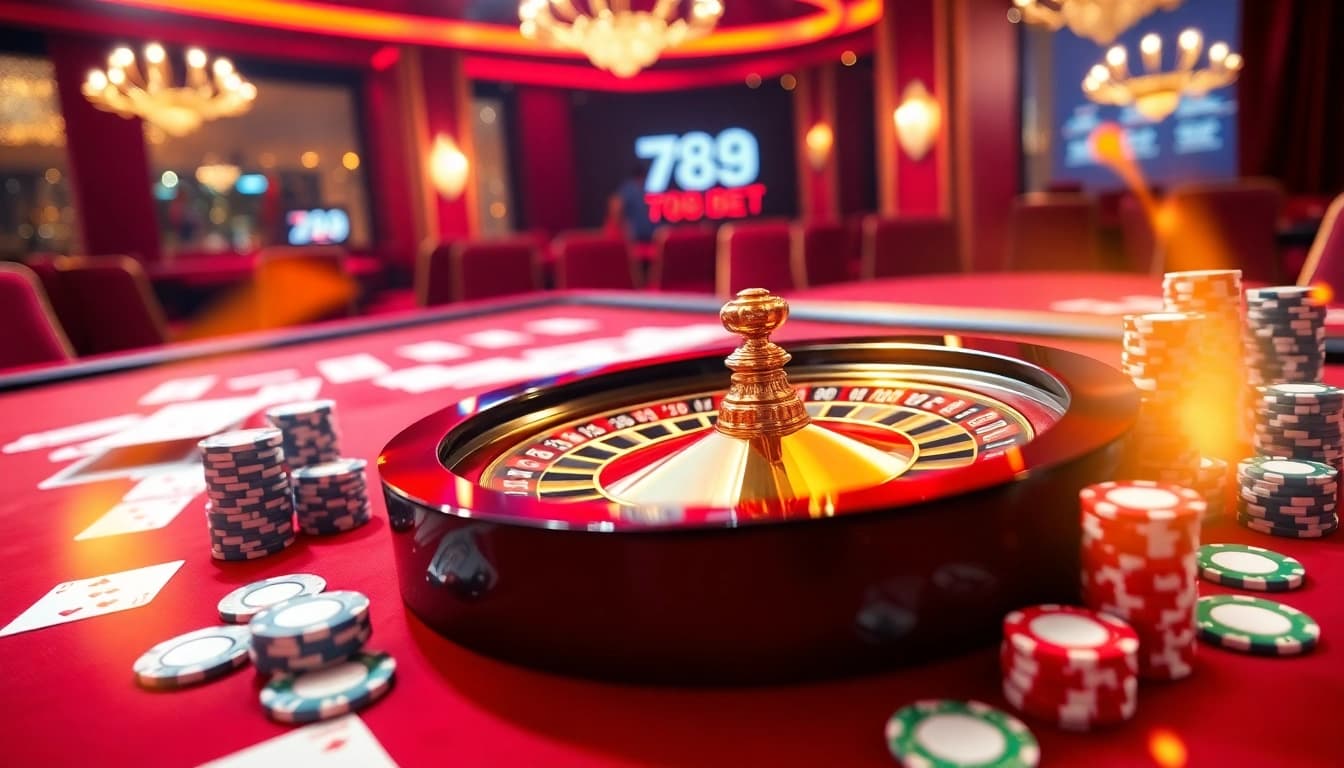 A vibrant 789 BET casino scene showcasing an exciting roulette table with poker chips and playing cards.