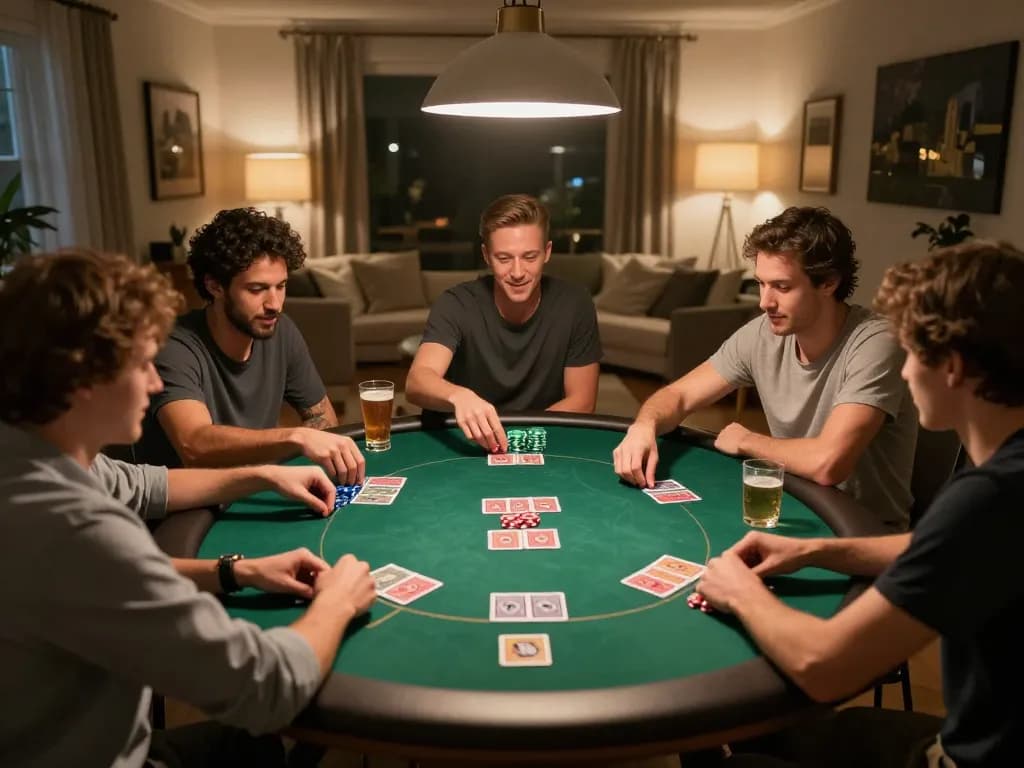 Friends engaging in a lively poker game at home, showcasing MM88 strategy and excitement with chips and cards on the table
