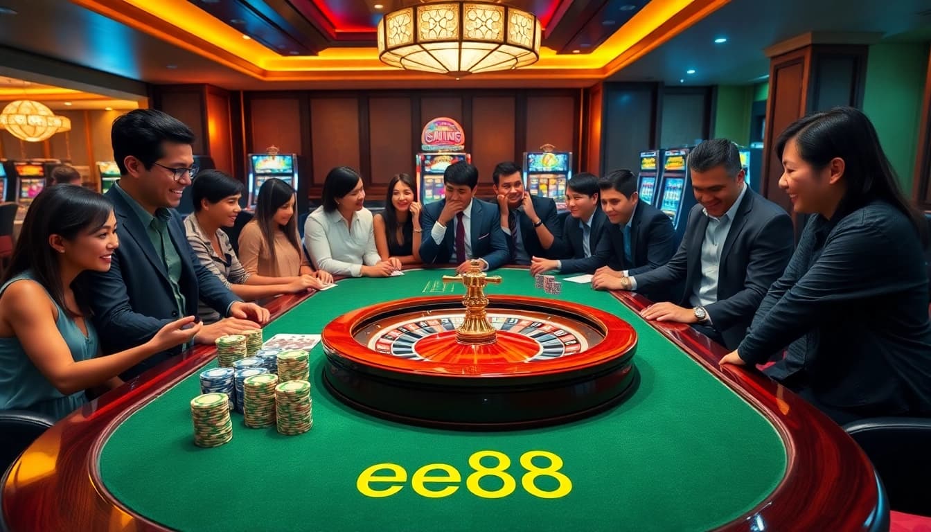 Players enjoying a thrilling casino experience at ee88, with poker and roulette tables in an upscale setting.