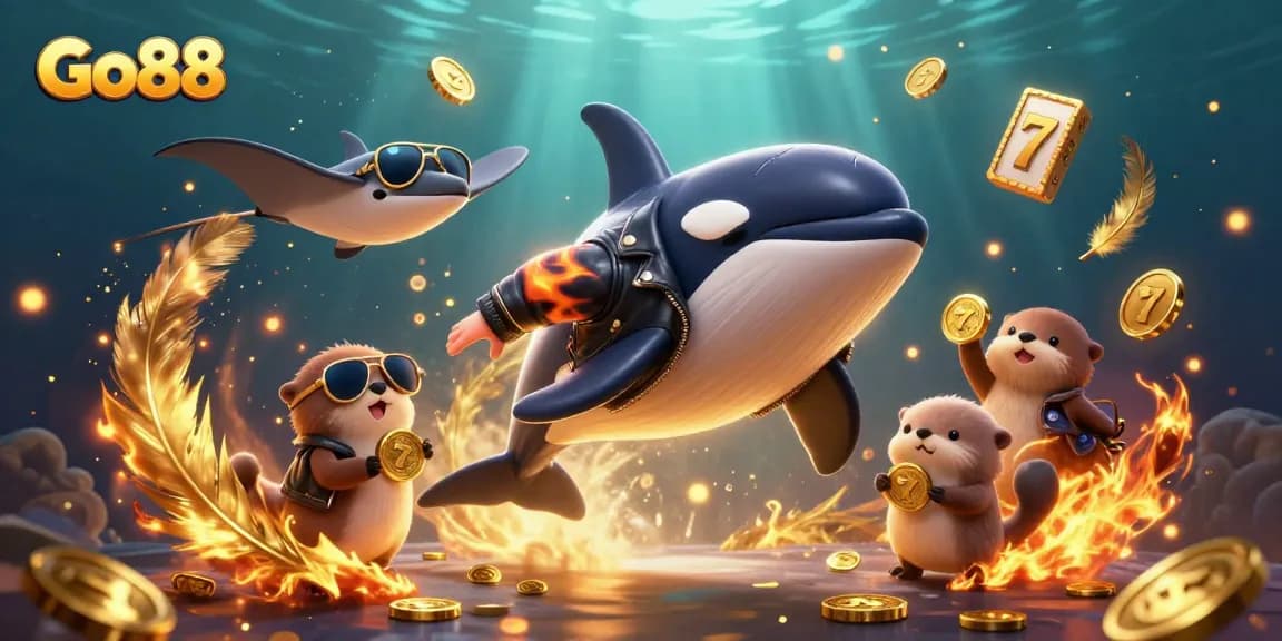 Experience the thrill of Go88 with orca and otters in a vibrant casino underwater world.