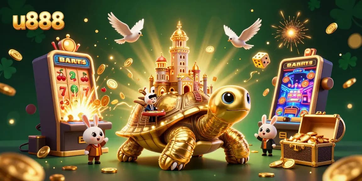 Win big at u888 with a dynamic casino scene featuring playful characters and exciting game elements.