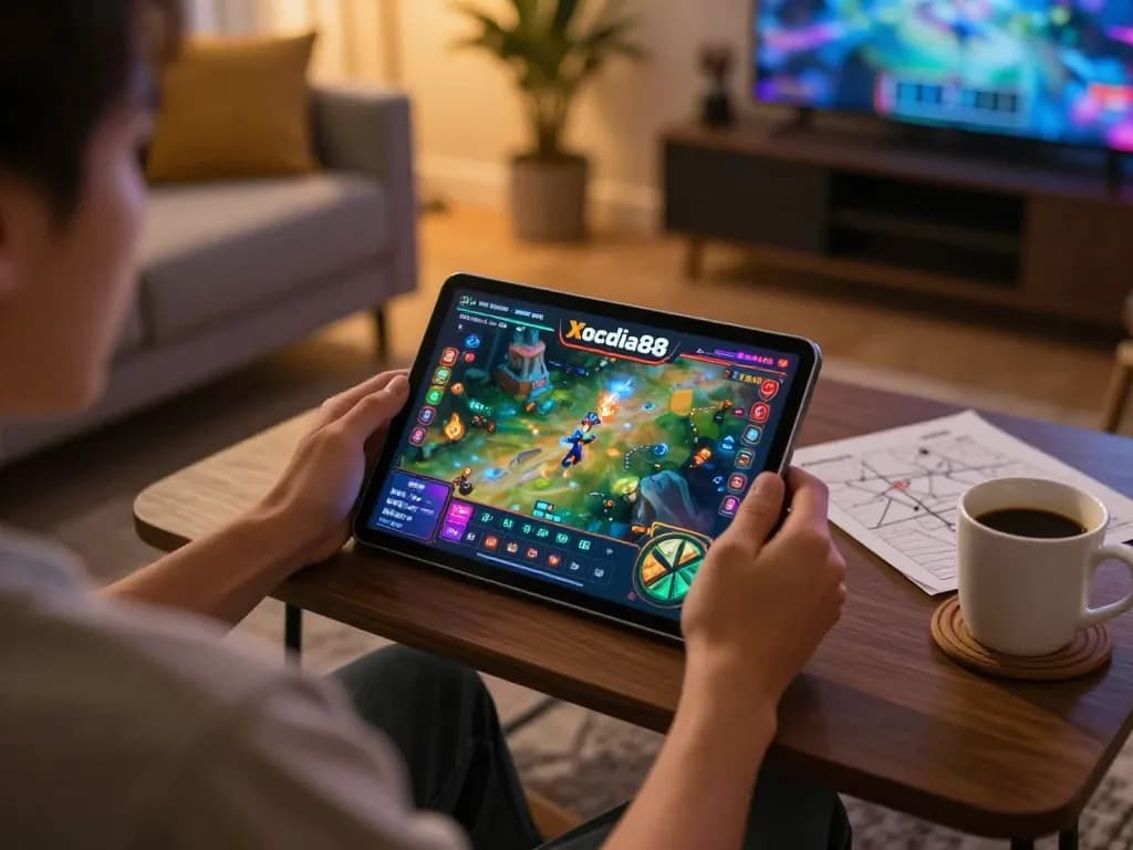 Xocdia88 gameplay on tablet in a cozy home setting, showcasing a vibrant online gambling experience.