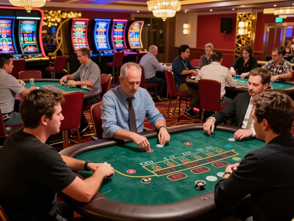 Players at HITCLUB blackjack table strategizing bets in a vibrant casino atmosphere.