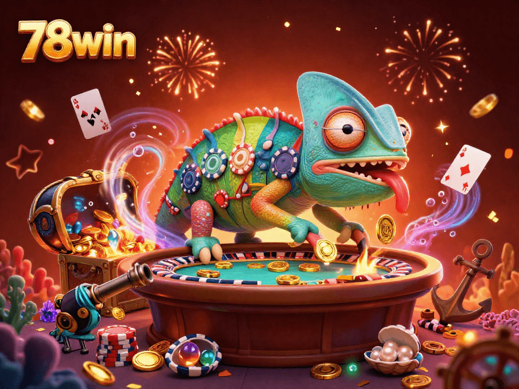 Experience vibrant casino excitement at 78win with a colorful chameleon and treasure-filled backdrop.