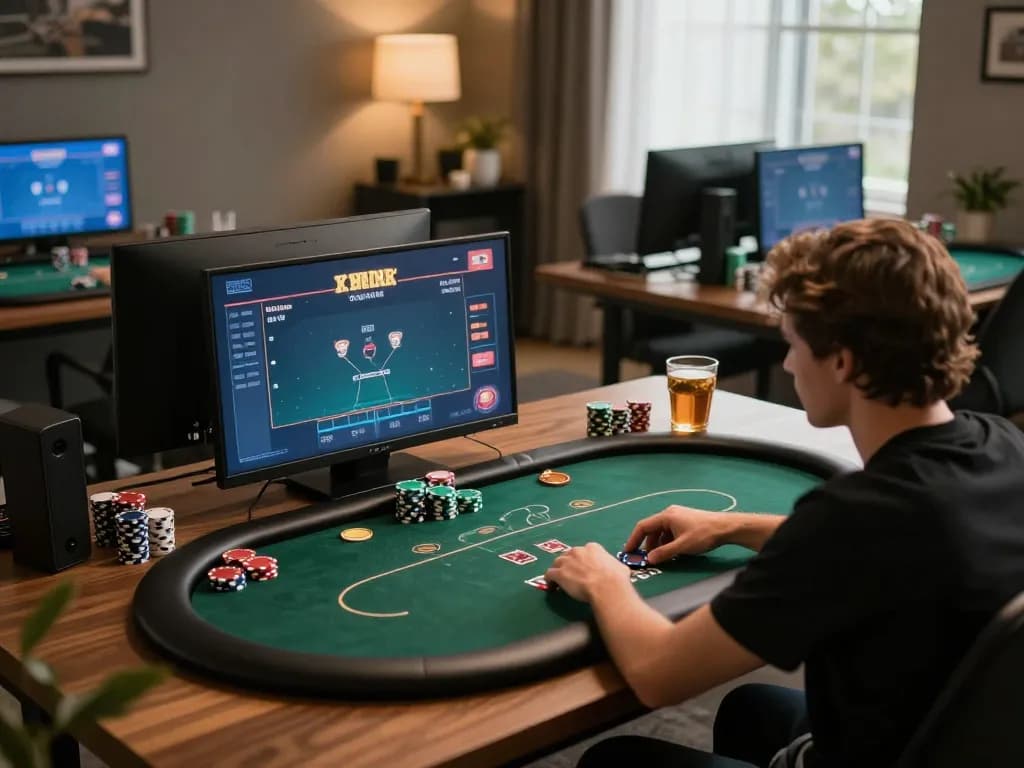 Engaged player at home using a gambling app with multiple screens, showcasing nhà cái uy tín experience.