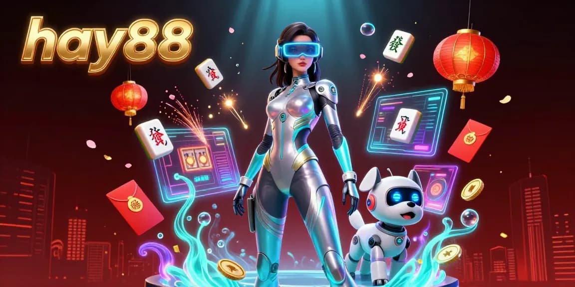 Experience the excitement of hay88 with vibrant holographic casino elements and characters promoting online gaming.
