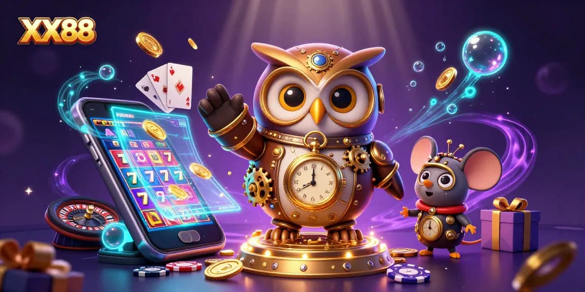 "Experience XX88's thrilling slots with cartoon time-traveler owl, vibrant casino elements, and exciting game action."