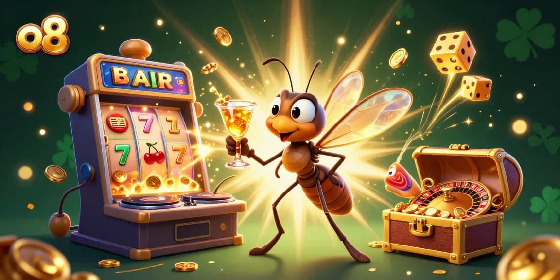 Experience the thrill of o8 with a unique casino scene featuring a lively mascot and dynamic game elements.