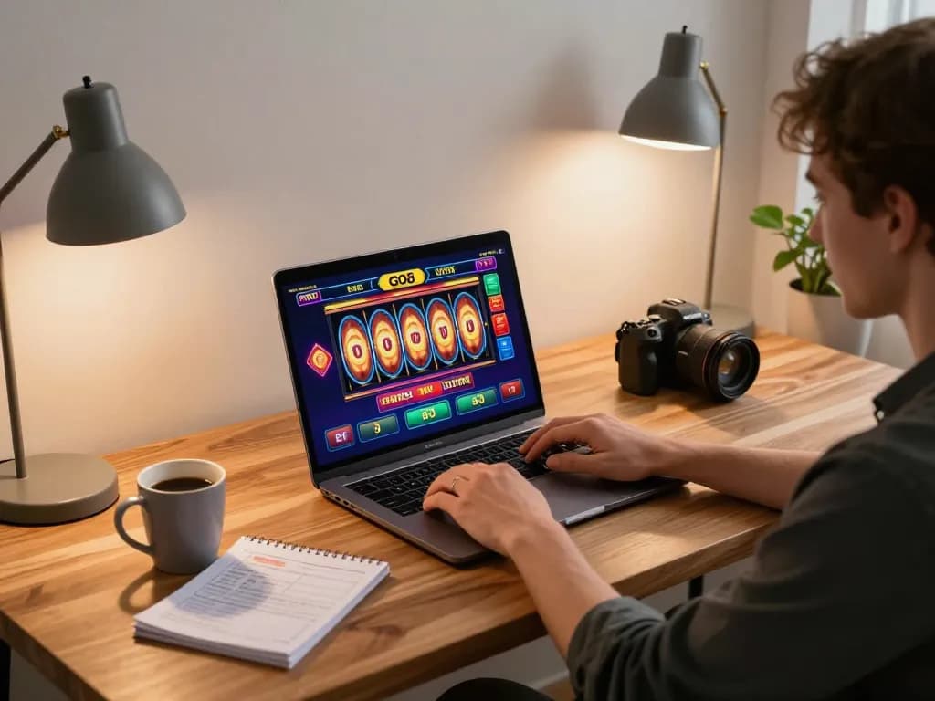 Person playing GO8 online slots on laptop in stylish home gaming environment, showcasing a vibrant casino interface and cozy atmosphere.