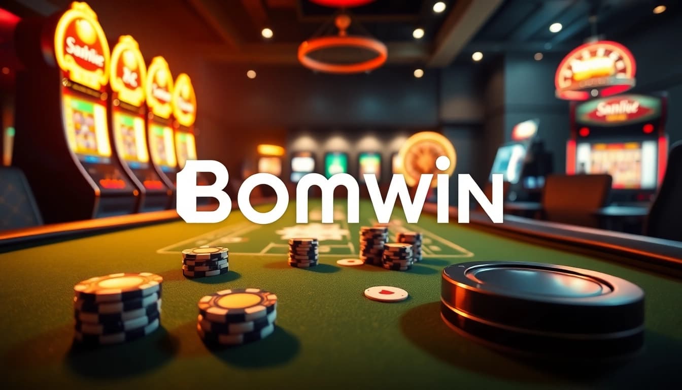 Bomwin online gambling scene featuring a luxurious blackjack table and vibrant slot machines.